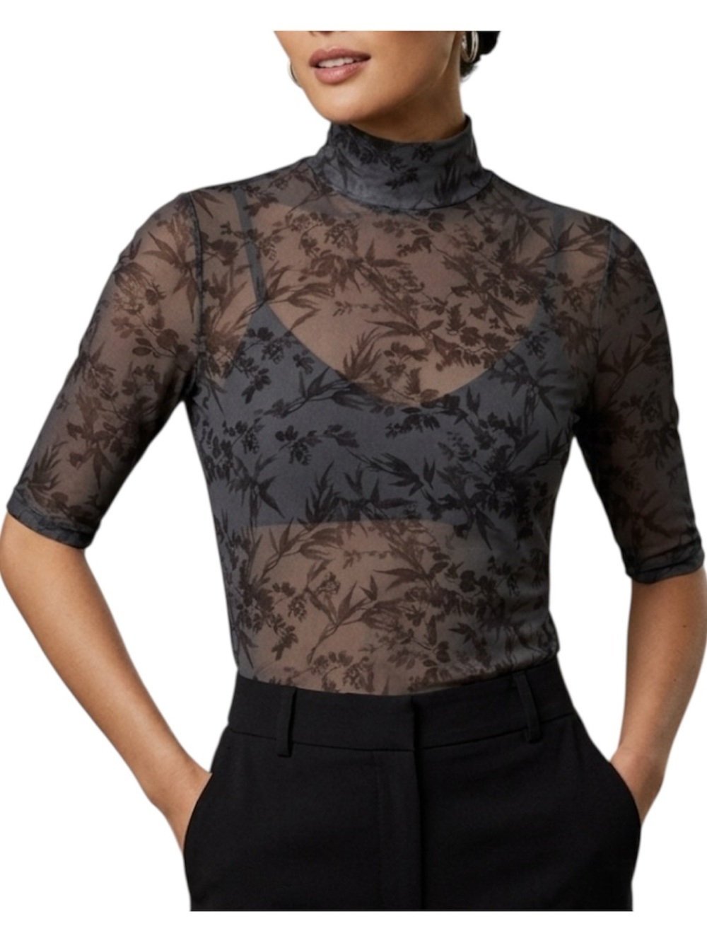 By Anthropologie Sheer Floral Mesh Half Sleeve Mock Neck Top Grey Blue Medium M - Picture 1 of 6